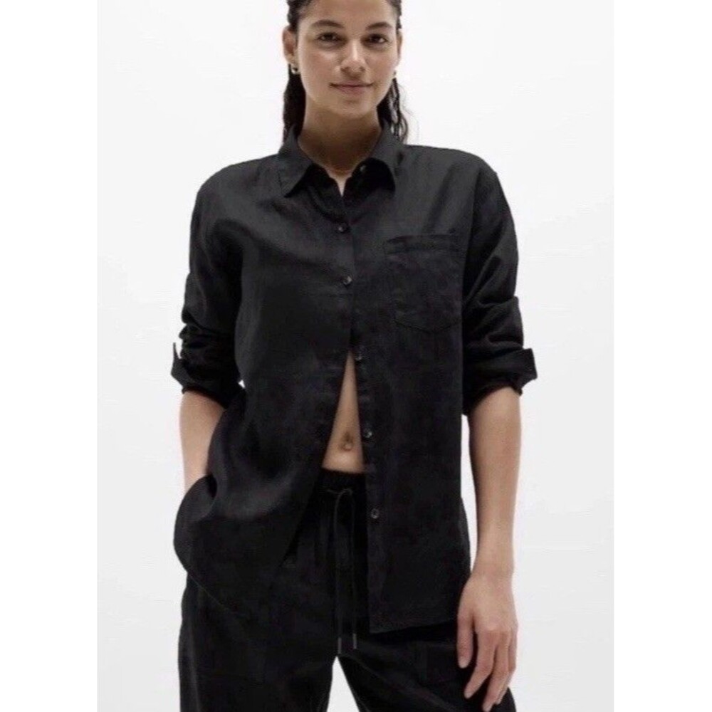 Athleta Retreat 100% Linen Top Black Shirt Women M Loose Blouse Button Front NWT
